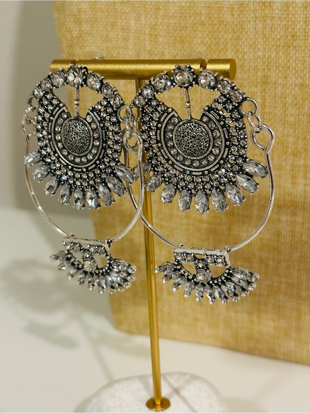 Fashion Jewelry Silver-Tone Filigree Hoop Earrings with Clear Crystals